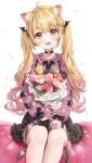 1girl :d absurdres ahoge animal_ear_fluff animal_ears bangs black_bow black_bowtie black_choker black_skirt blonde_hair blush bouquet bow bowtie cat_ears choker eso_(toory) eyebrows_visible_through_hair fang feet_out_of_frame flower highres holding holding_bouquet hololive long_hair long_sleeves looking_at_viewer multicolored_hair petals pink_flower pink_rose pink_sweater red_flower red_rose redhead rose sitting skin_fang skirt smile solo streaked_hair sweater twintails virtual_youtuber white_background yellow_eyes yellow_flower yozora_mel 