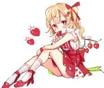  1girl ascot blonde_hair blush dress eating eyebrows_visible_through_hair flandre_scarlet flower flower_in_eye food food_print fruit hair_ribbon high_heels holding holding_food holding_fruit leg_ribbon looking_at_viewer on_floor one_side_up paragasu_(parags112) red_ascot red_dress red_eyes red_footwear red_ribbon ribbon shirt short_hair simple_background sitting sleeveless socks solo strawberry strawberry_print symbol_in_eye touhou white_background white_legwear white_shirt wings 
