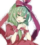  1girl arm_ribbon bangs blush bow commentary_request dress frilled_dress frilled_ribbon frilled_sleeves frills front_ponytail green_eyes green_hair hair_bow hair_ribbon kagiyama_hina long_dress looking_at_viewer open_mouth own_hands_together paragasu_(parags112) puffy_short_sleeves puffy_sleeves red_dress red_ribbon ribbon shiny shiny_hair short_sleeves sidelocks simple_background solo touhou upper_body white_background 