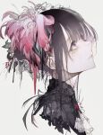 1girl ascot bangs bird black_shirt copyright_request cropped_torso flamingo from_side grey_background hair_ornament highres hito_komoru looking_up medium_hair portrait shirt simple_background solo white_ascot 