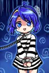  1girl blue_eyes blue_hair chain cosplay cowboy_shot cuffs hairband long_sleeves miyadeguchi_mizuchi miyadeguchi_mizuchi_(cosplay) multicolored_hairband open_mouth pote_(ptkan) prison_clothes rainbow_gradient shackles shaded_face shirt short_hair skirt solo striped striped_shirt striped_skirt tears tenkyuu_chimata touhou 