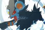  claws colored_sclera commentary_request electricity fangs highres leaves_in_wind luxray no_humans open_mouth pokemon pokemon_(creature) red_sclera sasaki_sue solo yellow_eyes yellow_pupils 