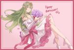  1girl alternate_costume alternate_hairstyle bangs bare_shoulders bouquet breasts center_frills choker closed_mouth collarbone commentary detached_sleeves dress english_commentary english_text eyebrows_visible_through_hair fire_emblem fire_emblem_awakening floating_hair flower frilled_sleeves frills green_eyes green_hair hair_between_eyes hair_flower hair_ornament happy_birthday highres holding holding_bouquet long_hair medium_breasts purple_flower sakuremi signature sitting smile solo tiki_(fire_emblem) very_long_hair white_dress white_flower white_sleeves 