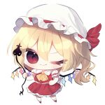  1girl absurdres ascot back_bow blonde_hair bow chibi closed_mouth collared_shirt flandre_scarlet frilled_skirt frilled_sleeves frills full_body hair_between_eyes hat hat_ribbon highres holding laevatein_(touhou) looking_at_viewer mangi5000 medium_hair mob_cap one_eye_closed puffy_short_sleeves puffy_sleeves red_eyes red_footwear red_ribbon red_skirt red_vest ribbon shirt short_sleeves simple_background skirt skirt_set smile solo symbol-only_commentary touhou vest white_background white_bow white_headwear white_legwear white_shirt wings yellow_ascot 