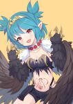  1girl absurdres artist_request bangs black_feathers black_wings blue_hair blush breasts claws collar commission eyebrows_visible_through_hair fang green_hair harpy highres indie_virtual_youtuber lincoro monster_girl navel open_mouth pointy_ears red_eyes second-party_source short_hair short_twintails simple_background skin_fang small_breasts solo stomach_tattoo tattoo tiara twintails virtual_youtuber winged_arms wings yellow_background 