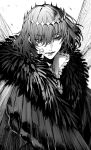  :| alternate_hair_color arthropod_boy au_(d_elite) bangs black_hair cape closed_mouth collared_shirt crown dark_persona diamond_hairband expressionless fate/grand_order fate_(series) fur_collar fur_trim grey_hair greyscale highres insect_wings long_sleeves looking_at_viewer medium_hair monochrome oberon_(fate) official_alternate_costume shirt signature twitter_username upper_body white_shirt wings 