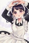  19_okeke 1girl apron black_dress black_hair commentary_request dress fangs frilled_apron frills fukumaru_koito heart heart_hands highres idolmaster idolmaster_shiny_colors long_hair long_sleeves looking_at_viewer maid maid_apron maid_headdress open_mouth skin_fangs solo twintails violet_eyes 