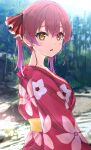  1girl alternate_costume blurry blurry_background blush breasts brown_eyes day depth_of_field floral_print hair_ribbon heterochromia highres hololive houshou_marine icehotmilktea japanese_clothes kimono looking_at_viewer looking_to_the_side medium_breasts outdoors parted_lips print_kimono red_eyes red_kimono red_ribbon redhead ribbon solo twintails virtual_youtuber 