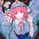  1girl artist_name bandaged_arm bandages bangs blue_headwear blue_kimono blunt_bangs branch cherry_blossoms childwolf chinese_commentary closed_mouth commentary_request eyebrows_visible_through_hair fingernails frilled_shirt_collar frills hand_up hat highres japanese_clothes kimono light_smile lips long_sleeves looking_at_viewer mob_cap nail_polish neck_ribbon obi pink_hair pink_nails pink_ribbon red_eyes ribbon saigyouji_yuyuko sash short_hair solo touhou triangular_headpiece upper_body wide_sleeves 