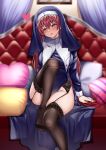  1girl absurdres black_legwear breasts couch garters heart highres hololive houshou_marine kneehighs large_breasts leg_up long_hair nun open_mouth pillow red_eyes redhead sitting solo thighs tufang virtual_youtuber 