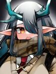  1girl :o arknights black_hair blue_hair blush breath brown_scarf brown_sweater commentary_request dusk_(arknights) hair_over_one_eye highres horns jungetsu_konata long_hair looking_at_viewer multicolored_hair necktie open_mouth pointy_ears red_eyes red_necktie scarf shirt solo streaked_hair sweater upper_body white_shirt 