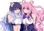  2girls alternate_breast_size animal_ear_fluff animal_ears bandeau bangs bare_shoulders black_hair blush bow bowtie breasts capelet closed_mouth commentary detached_sleeves eyebrows_visible_through_hair fur_capelet gauntlets gradient_hair green_sleeves hair_between_eyes hair_ornament hair_rings hatsune_(princess_connect!) highres large_breasts long_hair looking_at_another mamiyama midriff multicolored_hair multiple_girls navel pink_hair pointy_ears princess_connect! purple_bow purple_bowtie purple_hair purple_sleeves purple_vest shiori_(princess_connect!) shirt siblings side-by-side sidelocks simple_background sisters sleeveless sleeveless_shirt smile standing star_(symbol) star_hair_ornament taut_clothes tiger_ears two_side_up upper_body vest violet_eyes white_background white_bandeau white_shirt yellow_eyes 