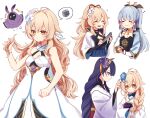  3girls abyss_mage_(genshin_impact) alternate_hair_length alternate_hairstyle bangs blonde_hair blush braid commentary_request curly_hair eyebrows_visible_through_hair eyelashes flower genshin_impact hair_between_eyes hair_flower hair_ornament kamisato_ayaka lumine_(genshin_impact) multiple_girls ochasuke_(corono) purple_hair raiden_shogun smile tied_hair violet_eyes white_background white_hair 