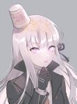  1girl bangs black_gloves braid danganronpa:_trigger_happy_havoc danganronpa_(series) food food_on_head gloves hair_ornament hair_ribbon jacket kirigiri_kyouko long_hair looking_at_viewer necktie noodles object_on_head purple_hair ramen ribbon shirt side_braid solo unmyeong violet_eyes 