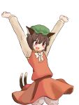  1girl \o/ animal_ears arms_up bangs bloomers blush bow bowtie bright_pupils brown_hair cat_ears cat_tail chen chisato_toho cowboy_shot earrings eyebrows_visible_through_hair flat_chest green_headwear hair_between_eyes happy hat highres jewelry long_sleeves looking_down mob_cap multiple_tails nekomata open_mouth outstretched_arms red_eyes red_skirt red_vest short_hair simple_background single_earring skirt solo tail touhou two_tails underwear vest white_background white_bow white_bowtie white_pupils 