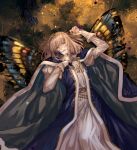  1boy arthropod_boy bangs blue_cape blue_eyes butterfly_wings cape cloak commentary crown diamond_hairband fate/grand_order fate_(series) fur-trimmed_cloak fur_trim gold_trim grey_hair highres injury insect_wings long_sleeves lying medium_hair nail oberon_(fate) puffy_sleeves solo tassel weii2021 white_fur white_hair wings 