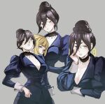  2girls black_hair blonde_hair choker formal fumitan_admoss glasses grey_background gundam gundam_tekketsu_no_orphans hair_between_eyes hair_bun kudelia_aina_bernstein maeshima_shigeki multiple_girls multiple_views puffy_sleeves simple_background speech_bubble upper_body 