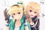  artist_name bangs blonde_hair bow cosplay ear_protection eyebrows_visible_through_hair gamryous girls_frontline gloves green_hairband hair_bow hairband highres holding iris_(material_sniper)&#039; iris_(material_sniper)&#039;_(cosplay) jacket long_hair material_sniper multicolored_clothes multicolored_gloves ponytail red_eyes scw_(girls&#039;_frontline) smile sv-98_(girls&#039;_frontline) 