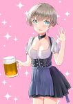  1girl alcohol anchor_symbol beer beer_mug blonde_hair blue_eyes blush buttons cowboy_shot cup dirndl eyebrows_visible_through_hair german_clothes hair_between_eyes hand_up holding holding_cup kantai_collection looking_at_viewer mayura2002 mug open_mouth pink_background puffy_short_sleeves puffy_sleeves short_hair short_sleeves smile solo sparkle_background z1_leberecht_maass_(kancolle) 