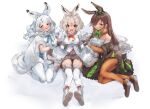  3girls animal_ears arctic_hare_(kemono_friends) blue_necktie blush boots bow bowtie brown_footwear brown_hair brown_legwear brown_skirt capelet center_frills coat commentary_request elbow_gloves european_hare_(kemono_friends) eyebrows_visible_through_hair frills fur_trim gloves green_bow hair_bow hair_over_one_eye hakoneko_(marisa19899200) highres kemono_friends long_hair long_sleeves looking_at_viewer mittens mountain_hare_(kemono_friends) multicolored_hair multiple_girls necktie off-shoulder_shirt off_shoulder orange_eyes pantyhose pleated_skirt rabbit_ears rabbit_girl rabbit_tail red_bow red_bowtie seiza shirt short_hair shorts sitting skirt tail thigh-highs white_capelet white_coat white_footwear white_fur white_gloves white_hair white_legwear white_shirt white_shorts zettai_ryouiki 