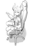 1girl absurdres ahoge bangs braid braided_bangs chair demon_horns dress eyebrows_visible_through_hair full_body greyscale hair_between_eyes hand_up highres hololive horns la+_darknesss long_sleeves monochrome office_chair on_chair puffy_long_sleeves puffy_sleeves shadow sitting solo syhan v-shaped_eyebrows virtual_youtuber white_background 