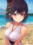  1girl absurdres bare_shoulders beach black_hair blue_sky blurry blurry_background breasts collarbone commentary_request dangan_kurabu hair_ornament highres japanese_clothes kantai_collection kimono large_breasts light_blush light_smile looking_at_viewer obi ocean outdoors red_eyes sash short_hair sky sleeveless sleeveless_kimono solo twitter_username upper_body white_kimono yamashiro_(kancolle) 