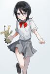  1girl black_hair black_legwear bleach blush bow brown_footwear eyebrows_visible_through_hair gradient gradient_background grey_background grey_skirt hair_between_eyes highres holding holding_stuffed_toy kon kuchiki_rukia light_blush medium_hair parted_lips red_bow samochau sketch skirt socks stuffed_toy violet_eyes 