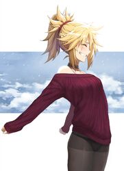  1girl bangs black_panties blonde_hair blue_sky braid breasts brown_legwear choker closed_eyes collarbone fate/apocrypha fate_(series) french_braid grin highres long_hair mordred_(fate) mordred_(fate/apocrypha) off-shoulder_sweater off_shoulder panties panties_under_pantyhose pantyhose parted_bangs ponytail purple_sweater sidelocks sky small_breasts smile solo sweater thighband_pantyhose thighs tonee underwear 