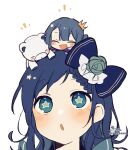 2girls :d ^_^ aiba_uiha blue_bow blue_eyes blue_flower blue_hair blue_rose blush blush_stickers bow braid braided_bangs closed_eyes crown flower hair_bow hair_flower hair_ornament highres long_hair mini_crown multiple_girls nijisanji notice_lines on_head parted_lips rose signature simple_background smile sofra star-shaped_pupils star_(symbol) stuffed_animal stuffed_toy symbol-shaped_pupils teddy_bear tilted_headwear twitter_username virtual_youtuber white_background 