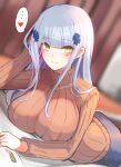  ... 10eki_(tenchou) 1girl absurdres bangs blunt_bangs blurry blurry_background blush book breast_rest breasts brown_sweater casual closed_mouth covered_nipples dutch_angle eyebrows_visible_through_hair eyes_visible_through_hair facial_mark girls_frontline green_eyes hair_ornament hand_on_head heart highres hk416_(girls&#039;_frontline) impossible_clothes impossible_sweater indoors large_breasts light_blue_hair long_hair long_sleeves looking_at_viewer lying on_stomach ribbed_sweater sidelocks silver_hair skirt smile solo speech_bubble spoken_ellipsis spoken_heart sweater teardrop teardrop_facial_mark teardrop_tattoo turtleneck turtleneck_sweater x_hair_ornament 