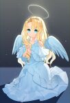  1girl angel angel_wings blonde_hair blue_eyes closed_mouth collarbone curly_hair dot_nose dress feathered_wings glowing halo highres interlocked_fingers long_hair original praying solo usalxlusa white_dress wings 