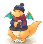  beanie blue_headwear blue_jacket claws clothed_pokemon cold commentary_request dragonite hat hatted_pokemon highres jacket long_sleeves no_humans pigeon-toed pokemon pokemon_(creature) purple_scarf ryusei0402 scarf solo standing trembling white_background 