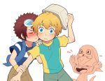 2boys blonde_hair blue_eyes blue_vest blush brown_hair brown_pants child commentary_request covering_another&#039;s_eyes cowboy_shot digimon digimon_(creature) digimon_adventure digimon_adventure_02 fang frown goggles goggles_on_head green_pants hat holding holding_clothes holding_hat kiss lao_wen male_focus motomiya_daisuke multiple_boys open_mouth pants patamon sharp_teeth simple_background surprised sweatdrop takaishi_takeru teeth v veemon vest white_background yaoi