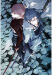  2boys bangs black_gloves blue_hair cape capelet commentary cu_chulainn_(caster)_(fate) cu_chulainn_(fate) earrings emiya_shirou fate/grand_order fate_(series) fingerless_gloves from_above fur-trimmed_hood fur_trim gloves holding holding_sword holding_weapon hood hooded_capelet igote japanese_clothes jewelry long_hair looking_at_viewer male_focus multiple_boys orange_hair red_eyes redhead sei_8220 senji_muramasa_(fate) short_hair smile spiky_hair staff sword weapon yellow_eyes 
