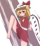  1girl ascot bangs barefoot blonde_hair blush bow closed_mouth cowboy_shot crystal eyebrows_visible_through_hair flandre_scarlet frown hair_between_eyes hat hat_ribbon highres medium_hair mob_cap one_side_up puffy_short_sleeves puffy_sleeves red_bow red_eyes red_ribbon red_skirt red_vest ribbon shirt short_sleeves skirt solo standing standing_on_one_leg topadori touhou v-shaped_eyebrows vest white_background white_shirt wings yellow_ascot 