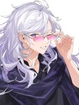  1boy absurdres black_shirt commentary earrings fate/grand_order fate_(series) glasses highres jewelry long_hair looking_at_viewer male_focus merlin_(camelot_&amp;_co)_(fate) merlin_(fate) scarf shirt sigm simple_background smile solo teeth twitter_username upper_body very_long_hair violet_eyes white_background white_hair 