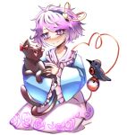  1girl animal bird black_cat blue_jacket bow cat closed_eyes crow family fang floral_print holding holding_animal holding_cat hug jacket kaenbyou_rin kaenbyou_rin_(cat) komeiji_satori multiple_tails open_mouth pink_eyes pink_hair pink_skirt red_bow red_eyes reiuji_utsuho reiuji_utsuho_(bird) short_hair simple_background skirt slit_pupils smile tail third_eye touhou twisted_limbo two_tails whiskers white_background 