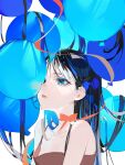  1girl balloon bangs bare_shoulders black_hair blue_eyes brown_dress collarbone crying crying_with_eyes_open dress eyebrows_behind_hair eyelashes highres light_blue_hair long_hair multicolored_hair one_eye_covered original parted_lips red_ribbon ribbon sleeveless sleeveless_dress solo streaked_hair tears upper_body white_background zumi_(neronero126) 