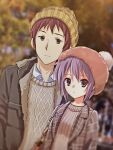  1boy 1girl bangs beanie blurry blurry_background brown_coat brown_eyes brown_hair brown_jacket brown_sweater brown_vest casual closed_mouth coat commentary_request couple expressionless eyebrows_visible_through_hair hair_between_eyes hat hetero highres jacket kyon long_sleeves looking_at_viewer nagato_yuki nanabuluku open_clothes open_jacket plaid plaid_jacket purple_hair shirt short_hair smile suzumiya_haruhi_no_yuuutsu sweater sweater_vest upper_body vest white_shirt 