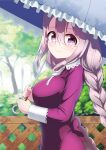  1girl absurdres anne_happy blush braid cereal_(cerealoekaki) cowboy_shot day dress fence glasses hair_between_eyes highres holding holding_umbrella kumegawa_botan long_hair looking_at_viewer outdoors parasol smile tree umbrella violet_eyes 