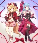  2girls animal_ears armband armpits bangs barefoot bat_wings black_dress black_legwear black_ribbon blonde_hair bloomers blue_hair blush capelet closed_mouth collar commentary_request crystal dress expressionless eyebrows_visible_through_hair fang flandre_scarlet frilled_collar frills frown full_body hair_ribbon hat hat_ribbon high_heels medium_hair midriff mob_cap multiple_girls navel neck_ribbon off-shoulder_dress off_shoulder one_side_up open_mouth paragasu_(parags112) red_capelet red_eyes red_footwear red_ribbon remilia_scarlet ribbon shiny shiny_hair siblings sisters standing tail touhou underwear v-shaped_eyebrows white_bloomers white_collar wings 