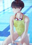  1girl black_hair bottle collarbone day from_above goggles goggles_around_neck highres kaoming looking_at_viewer looking_up one-piece_swimsuit original pool reflection see-through short_hair sitting solo swimsuit 