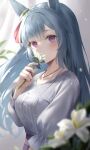  1girl animal_ears bangs blue_hair blurry blurry_foreground blush bra_strap braid breasts collarbone crown_braid depth_of_field eyebrows_visible_through_hair flower hair_ornament hibimaru highres holding holding_flower horse_ears jewelry long_hair long_sleeves looking_at_viewer medium_breasts mejiro_ardan_(umamusume) necklace shirt smelling smelling_flower solo umamusume upper_body very_long_hair violet_eyes white_flower white_shirt 