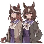  2girls animal_ears bangs book bow bowtie brown_coat brown_hair coat commentary_request frown green_coat hand_in_hair holding holding_book horse_ears horse_girl long_hair looking_at_another looking_at_viewer multicolored_hair multiple_girls pink_eyes purple_shirt purple_skirt ree_(re-19) sailor_collar school_uniform shirt simple_background sirius_symboli_(umamusume) skirt smile symboli_rudolf_(umamusume) tracen_school_uniform umamusume upper_body white_background white_bow white_bowtie 