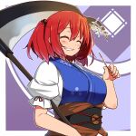  1girl bangs breasts closed_eyes dango eyebrows_visible_through_hair food grin hair_bobbles hair_ornament holding holding_food holding_scythe obi onozuka_komachi purple_background redhead sash scythe short_hair smile solo totosu touhou two_side_up upper_body wagashi 