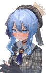  1girl @_@ absurdres beret blue_eyes blue_hair blue_nails blush choker closed_mouth constricted_pupils crown fingers_together gloves hair_between_eyes hat highres hololive hoshimachi_suisei kei8987 long_hair looking_at_viewer neckerchief partially_fingerless_gloves plaid sailor_collar school_uniform sidelocks sideways_glance simple_background smile solo tsurime upper_body white_background 