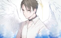  1boy angel_wings bags_under_eyes black_choker blurry blurry_foreground brown_hair carrot_(robosquat) character_request choker copyright_request feathered_wings green_eyes halo highres male_focus melting shirt short_hair simple_background solo upper_body white_background white_shirt white_wings wings 