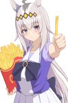  1girl absurdres ahoge animal_ears bangs black_bow black_bowtie blue_eyes blush bow bowtie food french_fries grey_hair highres holding holding_food horse_ears looking_at_viewer multicolored_hair naga_furo_imoni oguri_cap_(umamusume) outstretched_arm parted_lips purple_shirt reaching_out sailor_collar school_uniform shirt short_sleeves simple_background skirt solo tracen_school_uniform umamusume upper_body white_skirt 