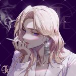  0jae 1girl blonde_hair chinese_commentary cigarette commentary_request earrings holding holding_cigarette jewelry long_hair looking_at_viewer mature_female original smoke smoking solo violet_eyes 