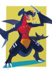  ^_^ blush_stickers border claws closed_eyes collarbone garchomp green_background highres legs_apart mo~zu no_humans open_mouth pokemon pokemon_(creature) sharp_teeth solo spikes standing symbol-only_commentary teeth tongue white_border 